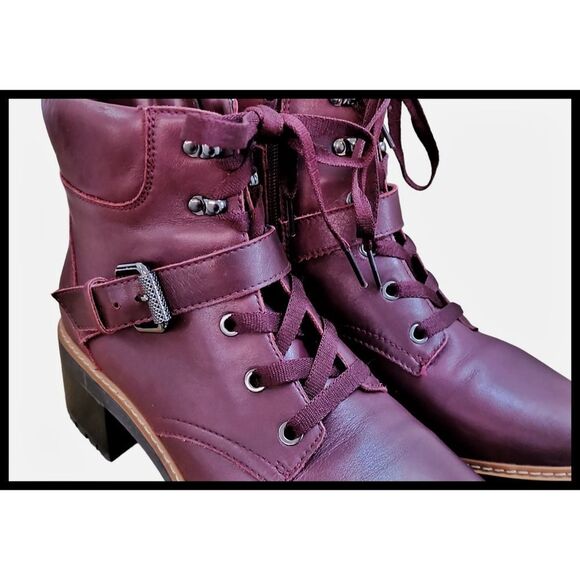 Naturalizer Tia Ankle Combat Boots Lug Sole Zipper Lace Up Burgundy Maroon 9.5 - Picture 8 of 14